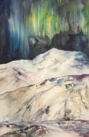 Akvarel Maleri fjeldet med nattehimmel 70 x 50