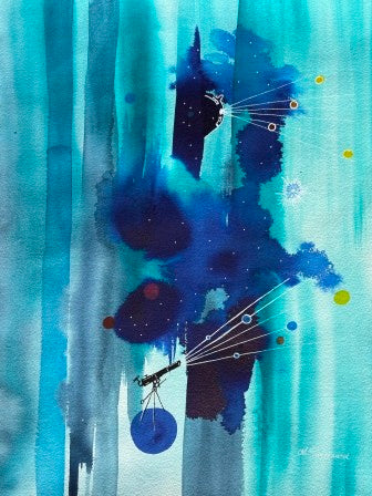 akvarelmaleri. Mellem stjerner og exoplaneter 40 x 50 cm